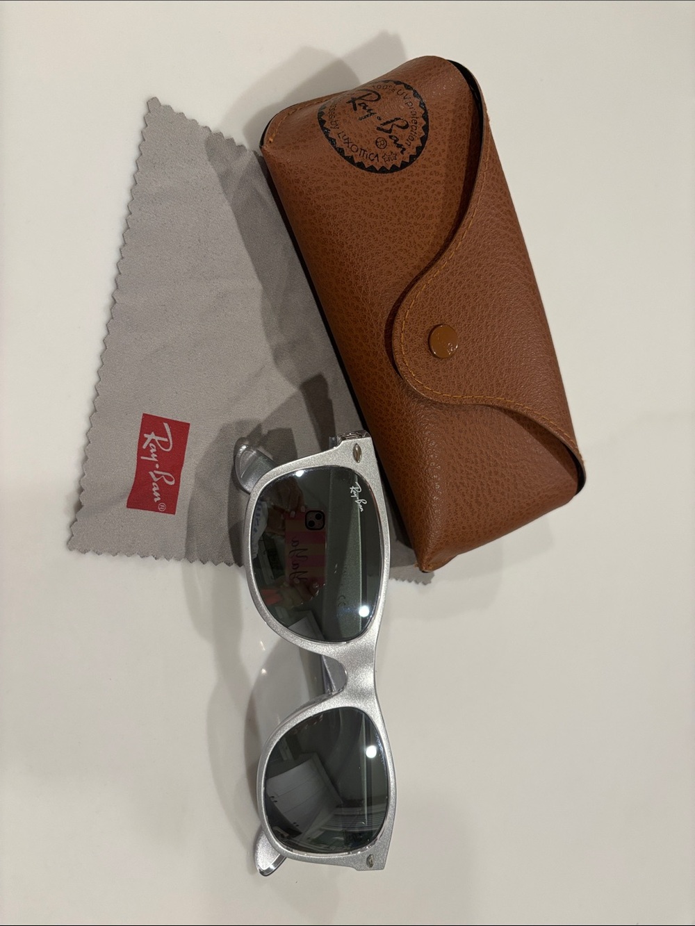 Ray-Ban Silver Frame Sunglasses with Gray Lenses and Brown Case
